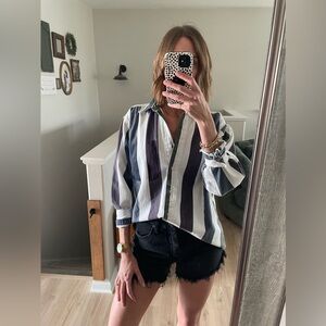 Vintage Men's Striped Button-Up Shirt by - Navy, White & Olive